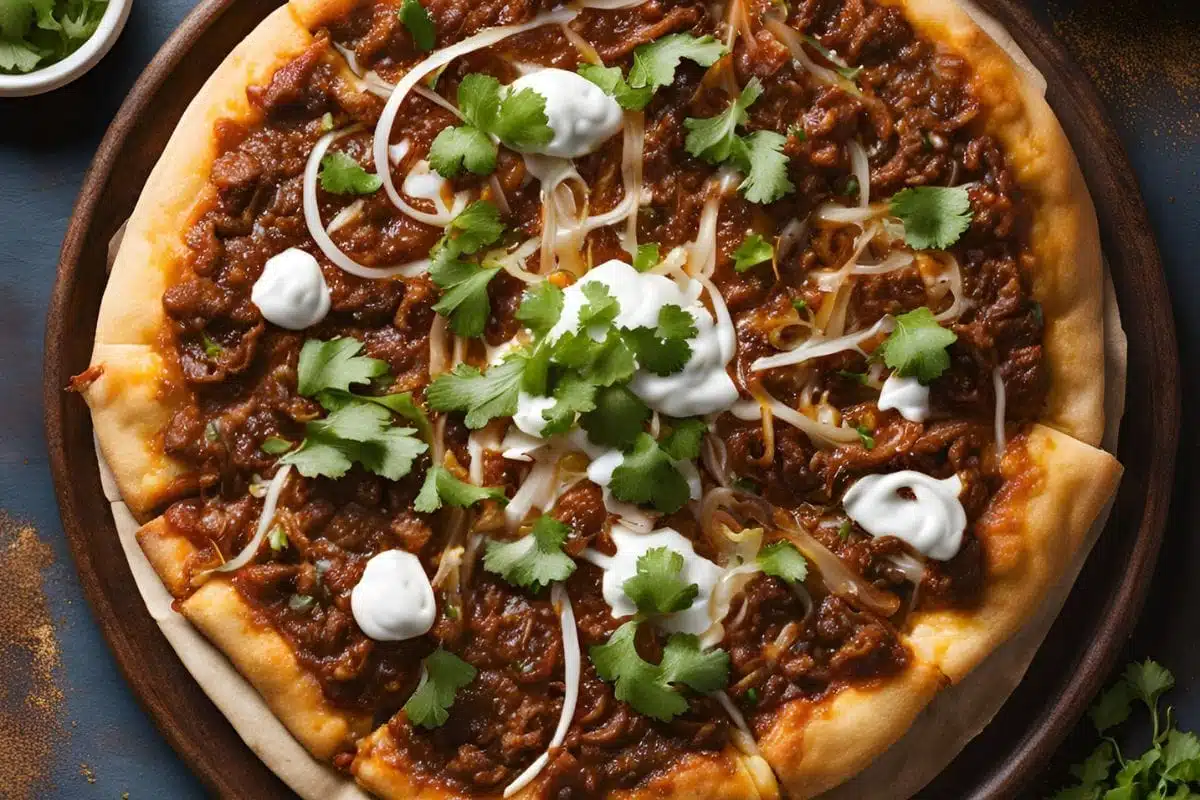 Overhead view of birria pizza ingredients, including raw dough, birria meat, consomé, cheese, onions, jalapeños, and cilantro on a marble surface.