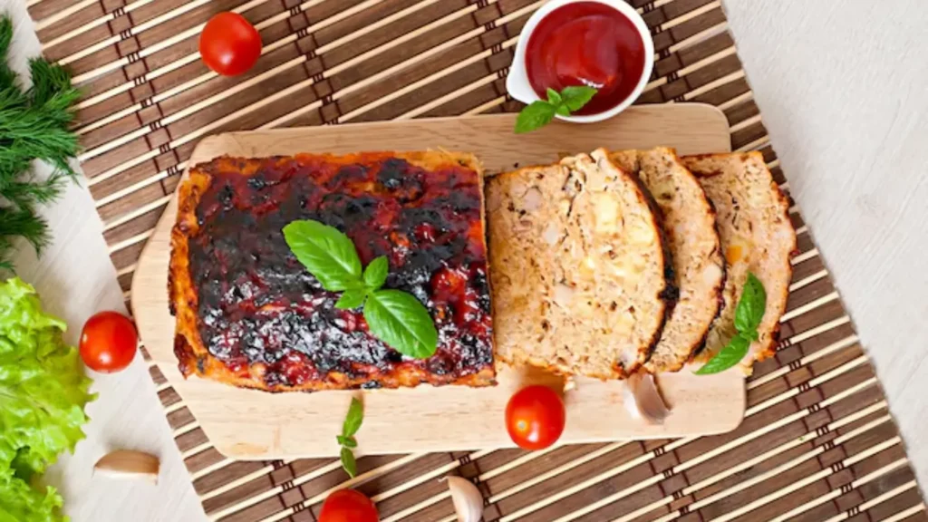 Smoked meatloaf sliced on a wooden board, showing its juicy interior and smoky crust, served with mashed potatoes 2