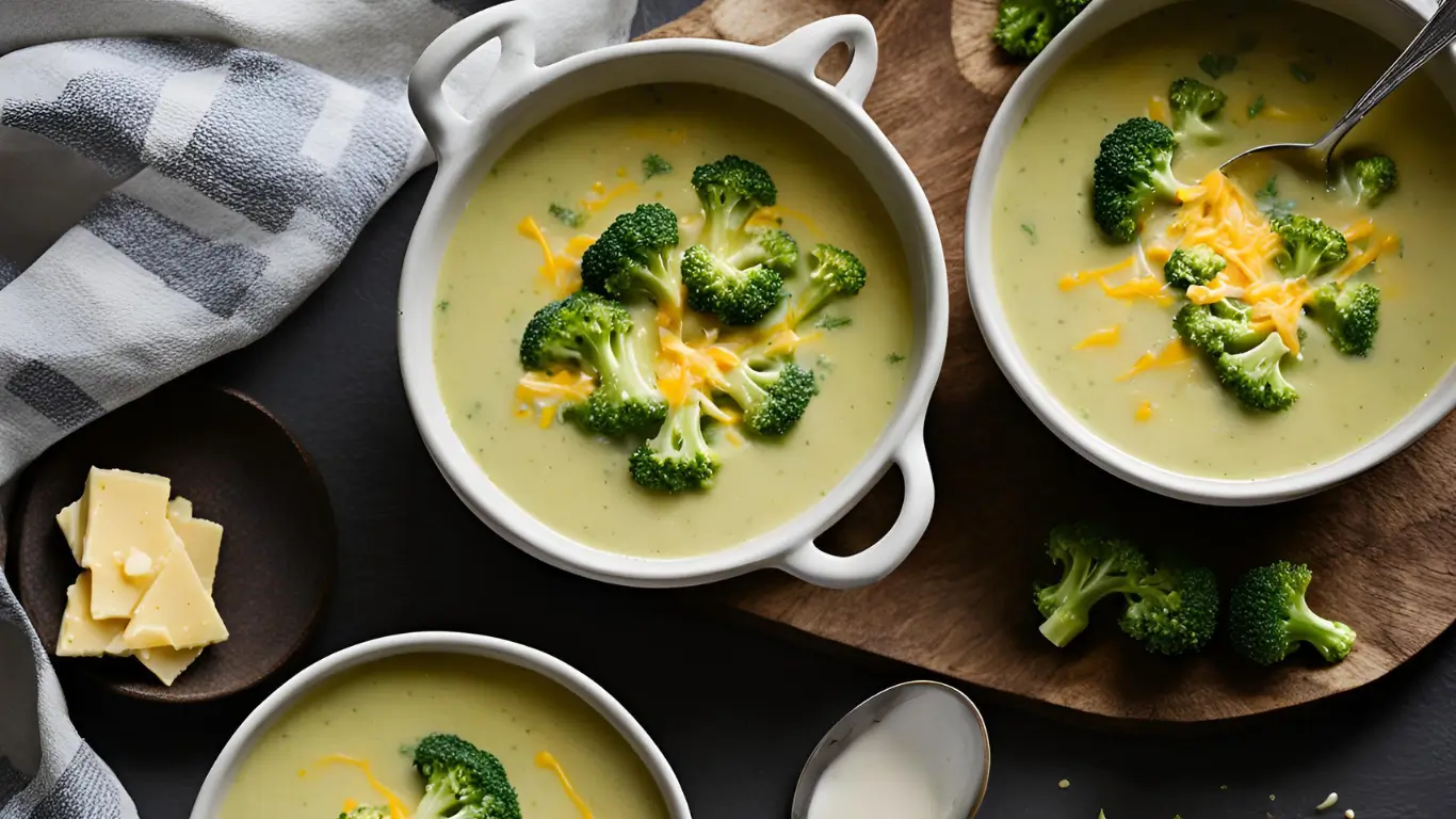 Creamy broccoli soup with cheddar cheese, fresh broccoli florets, and a drizzle of cream.