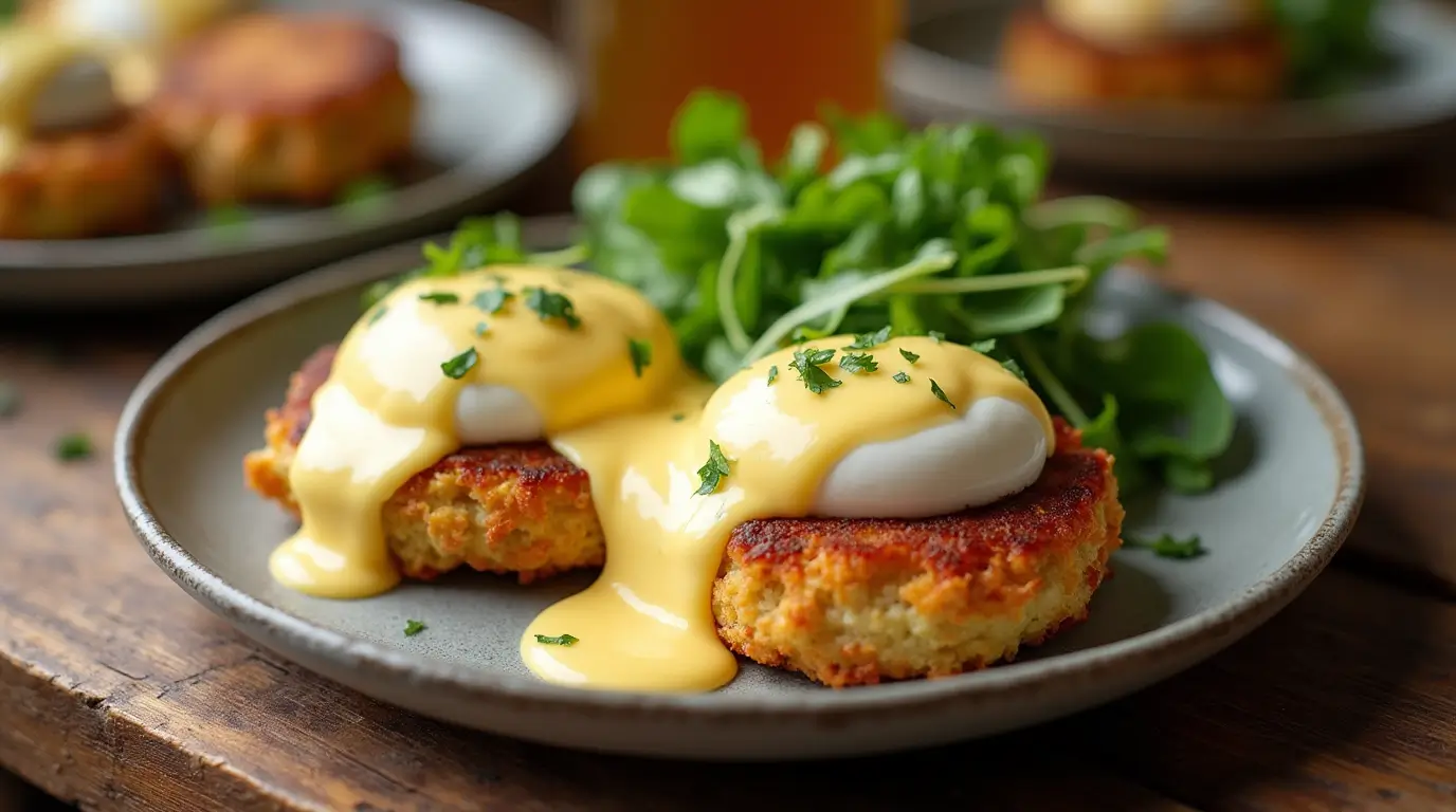 A beautifully plated crab cake eggs benedict with golden-brown crab cakes, poached eggs, hollandaise sauce, and fresh herbs on a rustic wooden table.