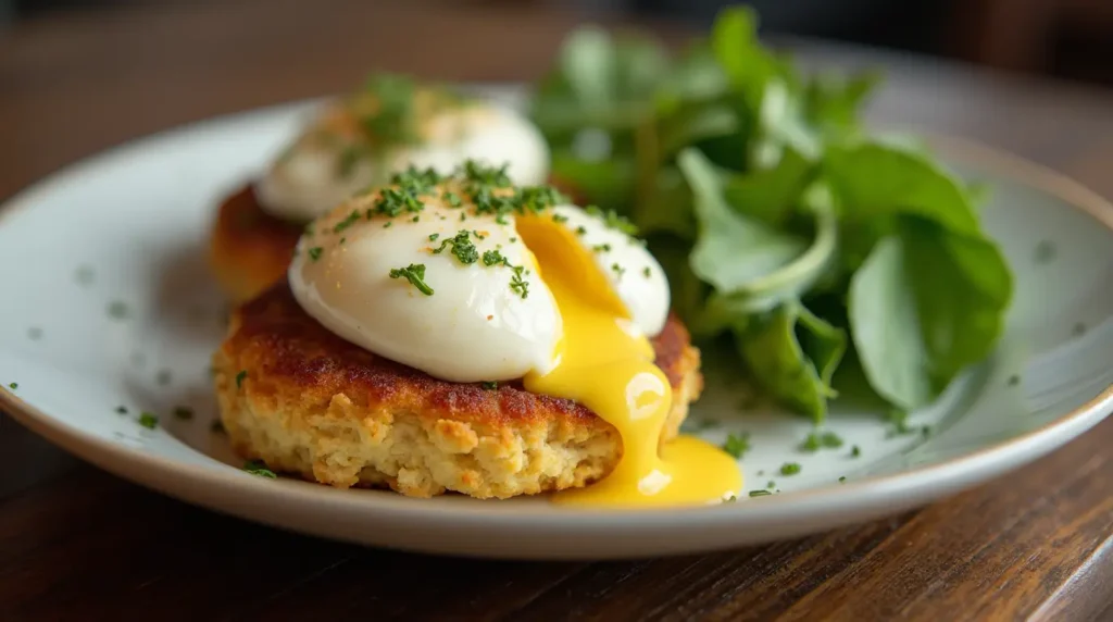 Flat lay of ingredients for crab cake eggs benedict, including crab meat, eggs, breadcrumbs, butter, lemon, and fresh herbs.