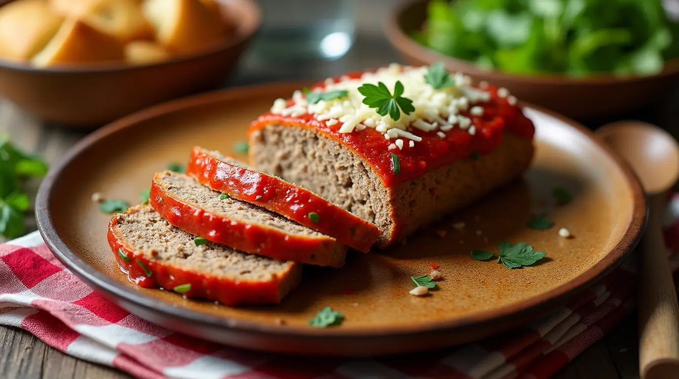 The ultimate Italian meatloaf, perfectly plated and ready to serve. A feast for your eyes and taste buds!