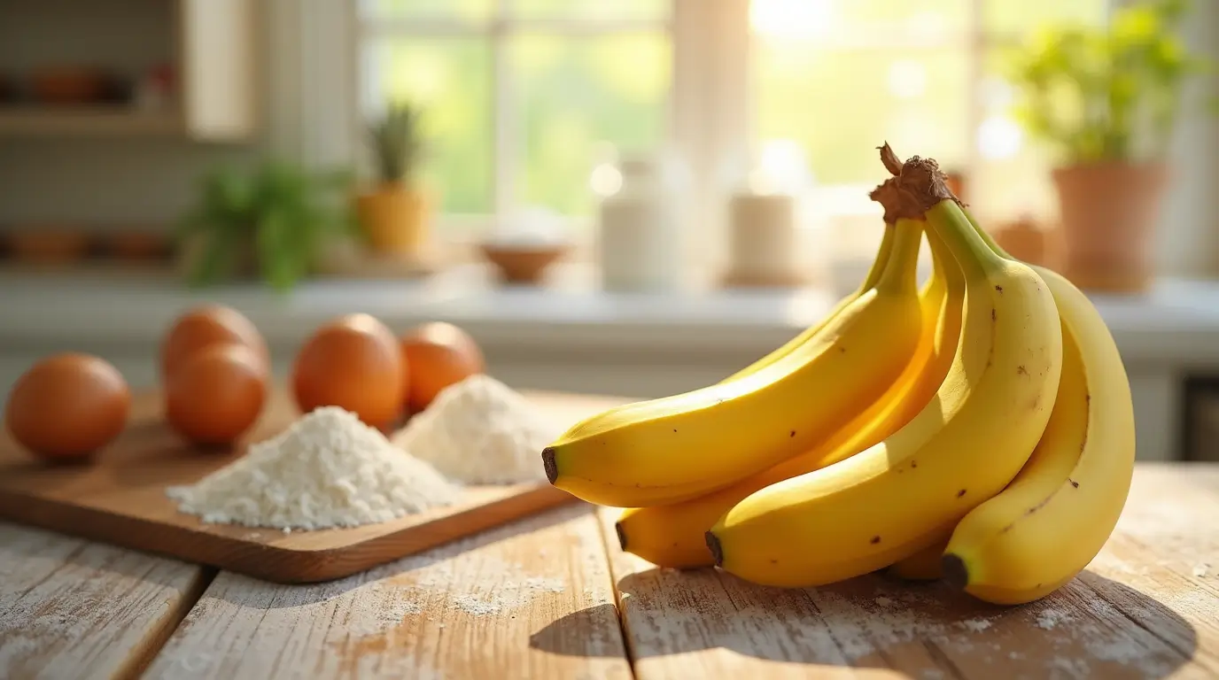 Close-up of ripe yellow bananas in a sunlit kitchen with baking ingredients in the background.
