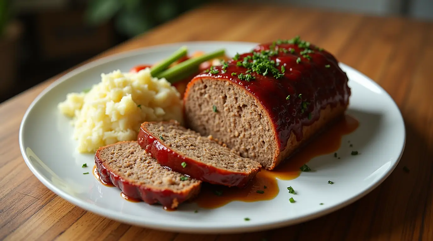 Juicy meatloaf with glaze served on a plate with mashed potatoes and vegetables.