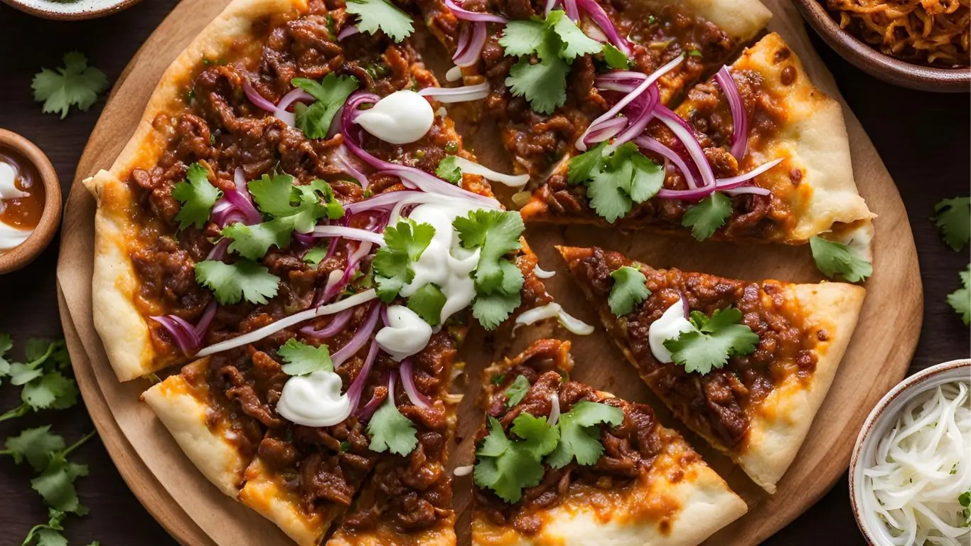 Overhead view of a birria pizza topped with melted cheese, birria meat, onions,