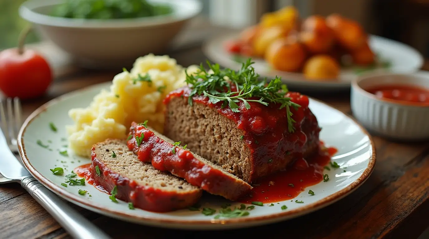 A plated slice of Italian meatloaf with marinara sauce, mashed potatoes, and roasted vegetables on a rustic wooden table.