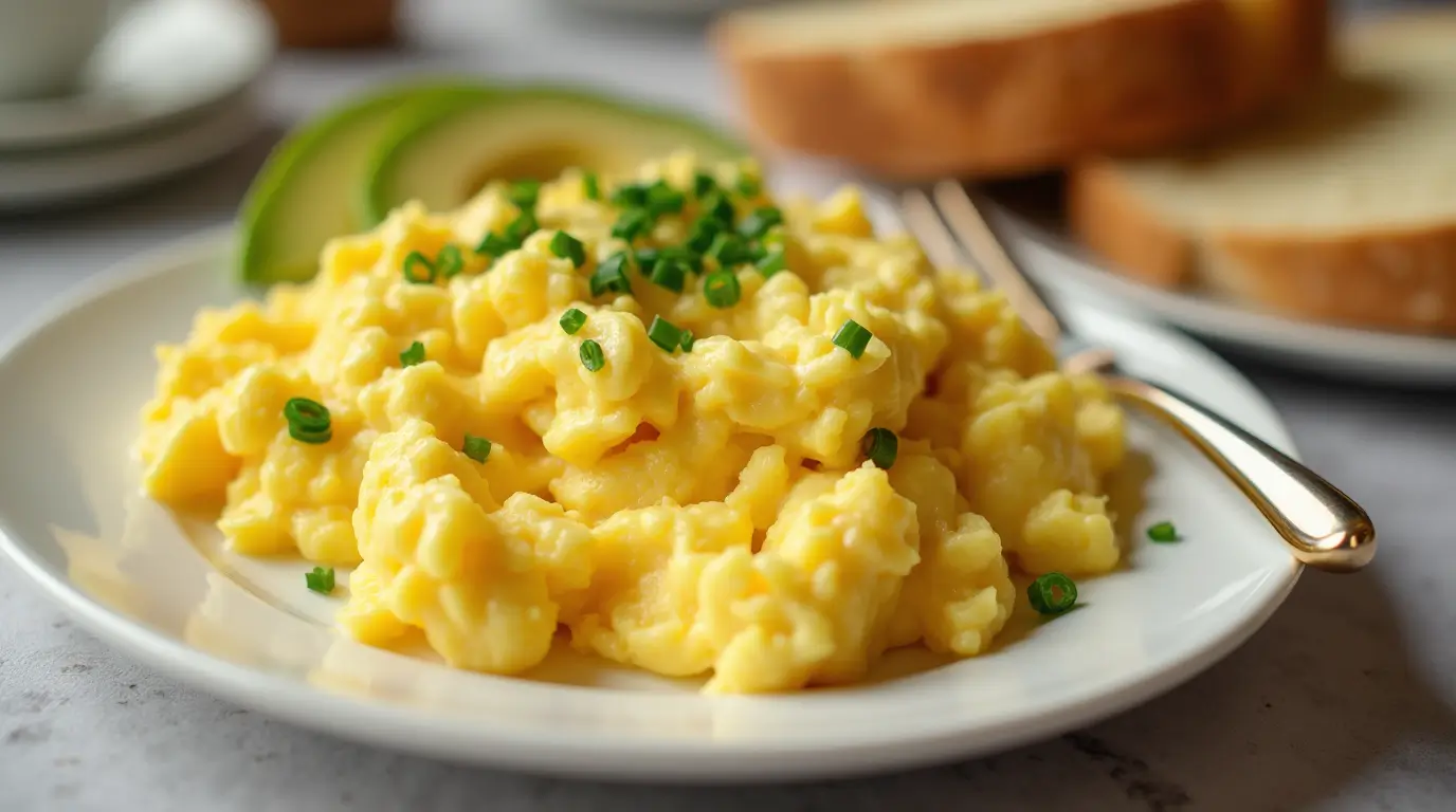 A plate of creamy, fluffy scrambled eggs with visible chunks of cottage cheese, garnished with fresh chives, and served alongside buttered toast and sliced avocado.