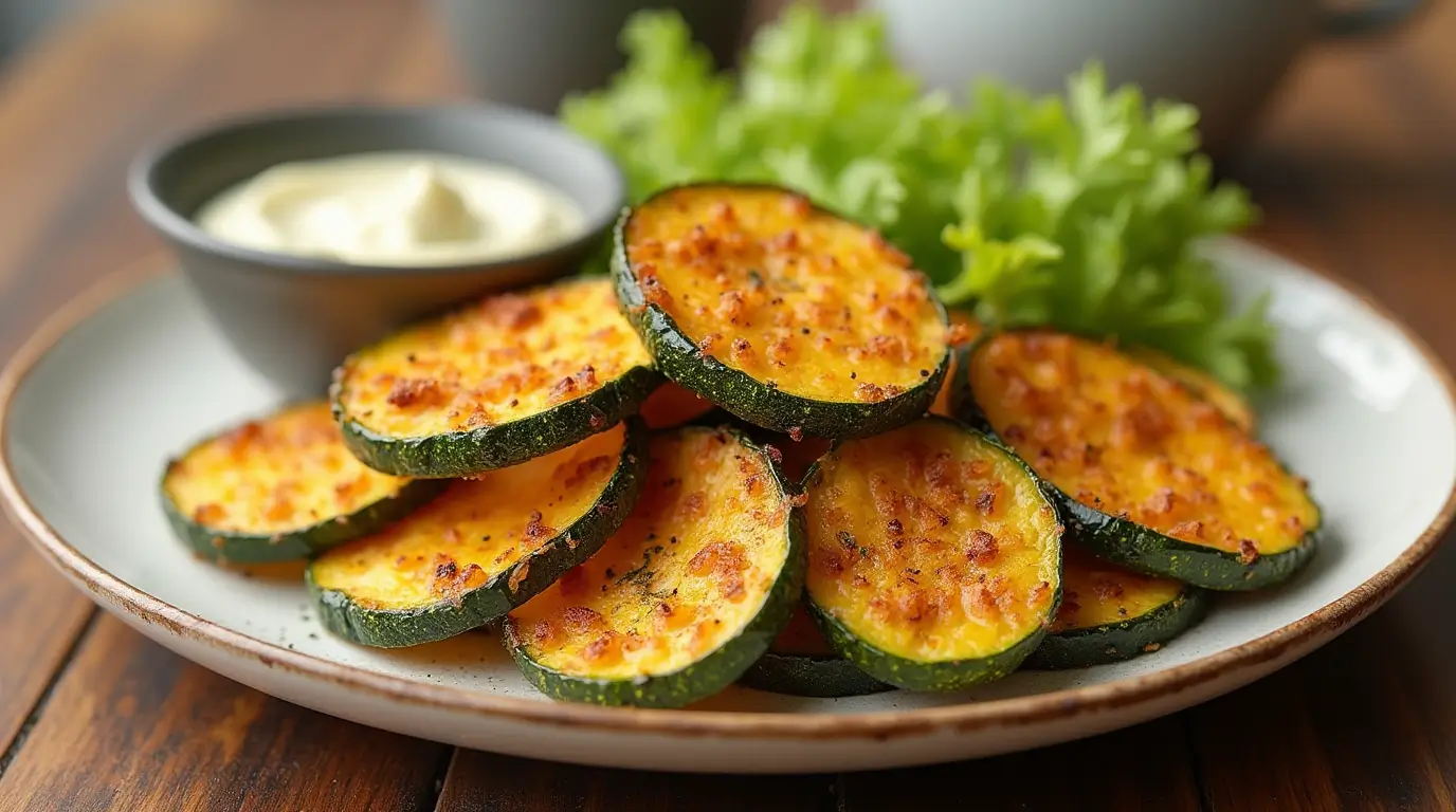 "Plate of crispy air fryer zucchini slices garnished with parsley, served with ranch dipping sauce on a rustic wooden table."