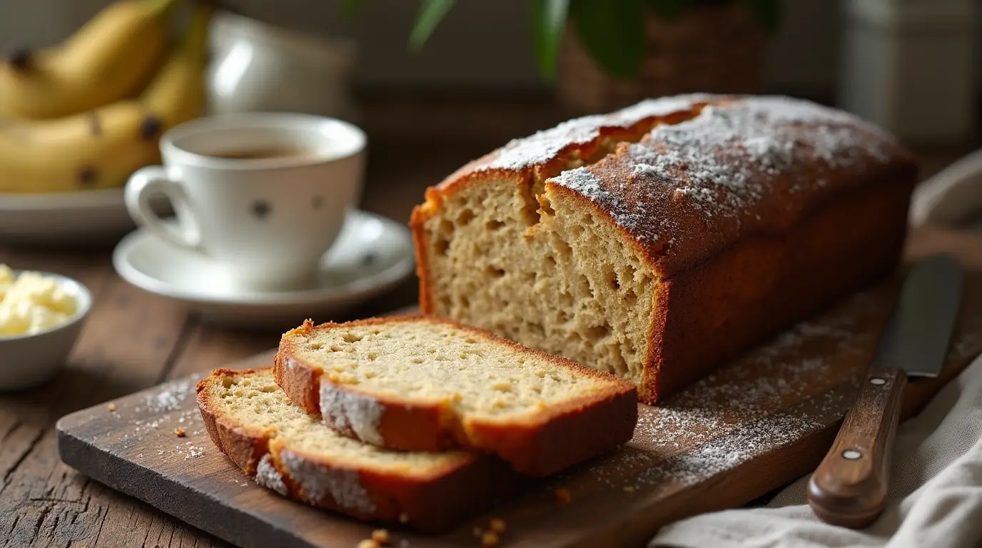 A finished banana bread loaf sliced and served with butter, coffee, and a knife on a wooden board.
