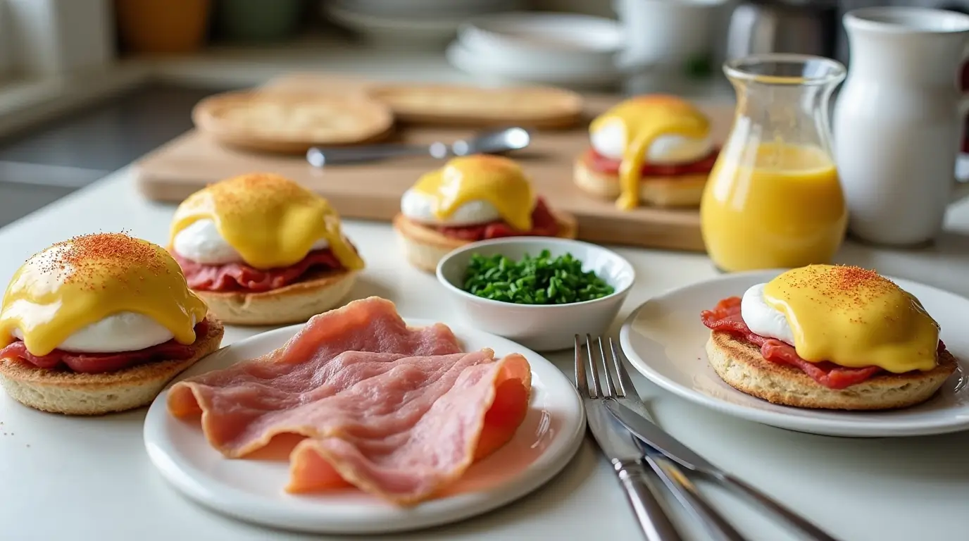 Ingredients for eggs benedict arranged on a kitchen counter, including English muffins, poached eggs, Canadian bacon, hollandaise sauce, chives, and paprika, with utensils like a spoon and small bowls. Natural light highlights the vibrant ingredients.