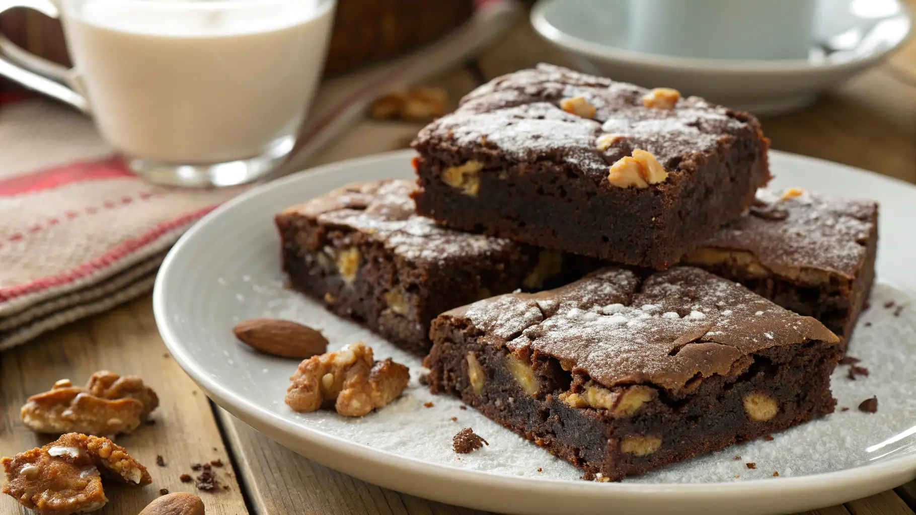 Freshly baked chocolate nut brownies on a wooden plate with powdered sugar on top.