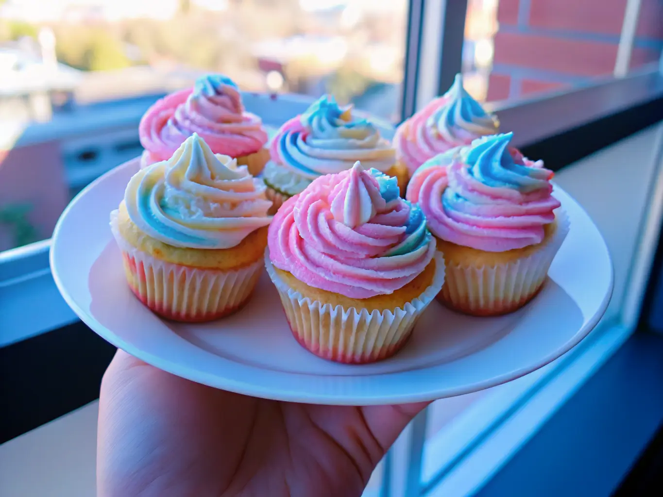 Fluffy cotton candy cupcakes topped with swirls of pink and blue frosting.