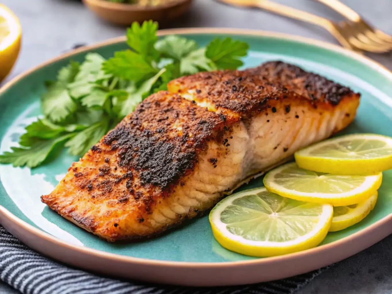 Delicious blackened salmon fillet with crispy seasoning, ready to serve