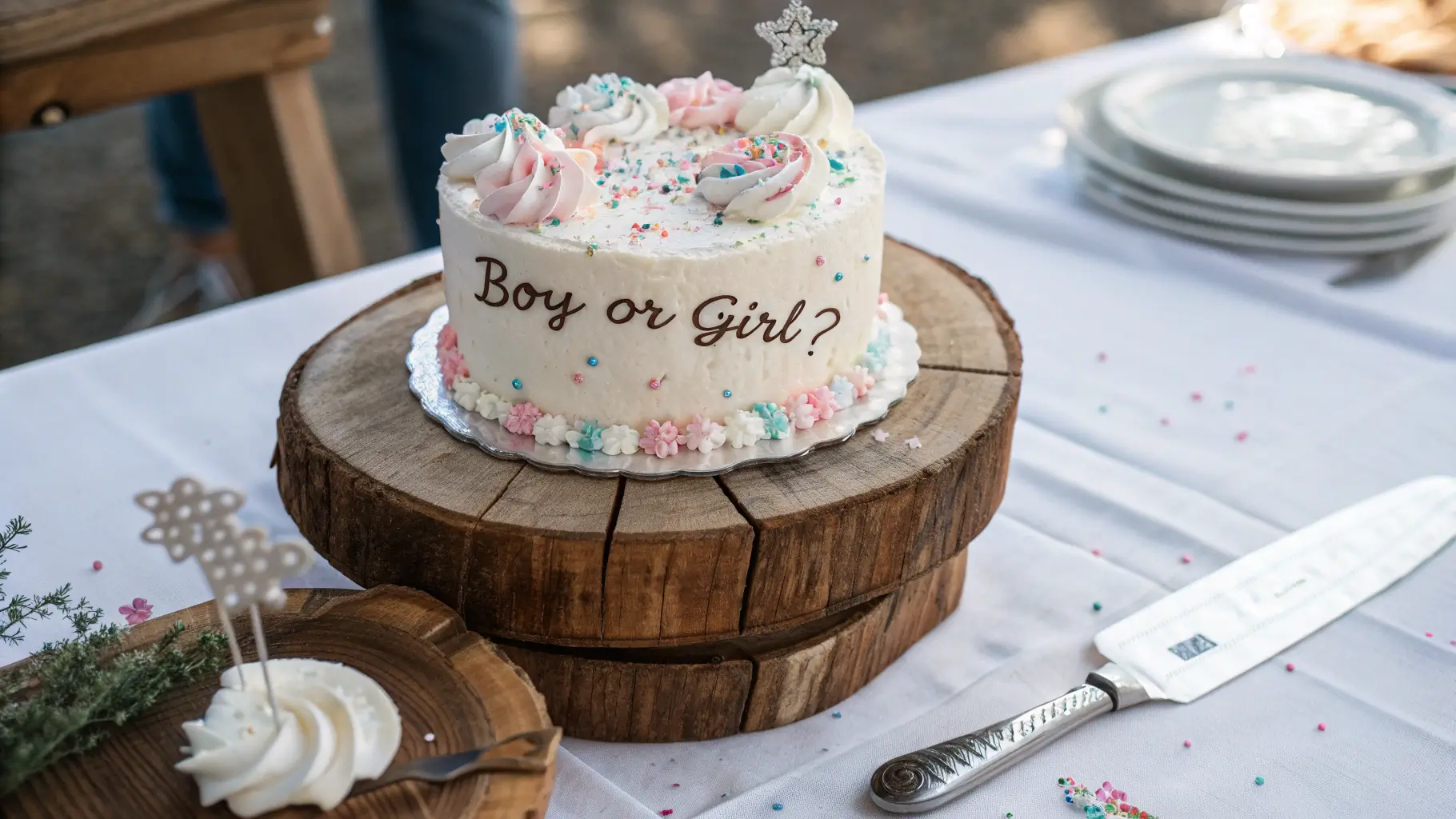 A beautifully decorated gender reveal cake with white frosting, pink and blue decorations, and a slice cut out revealing a hidden color. The cake sits on a white cake stand with baby-themed decorations in the background.