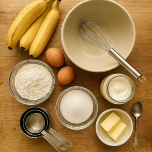 Flat-lay of ingredients for banana bread, including ripe bananas, mayo, and other baking essentials