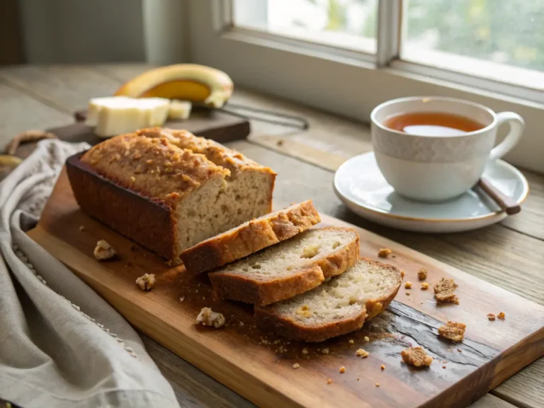 Sliced banana bread served on a wooden board with a cup of tea.