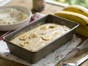 Close-up of banana bread batter in a baking pan, ready to be baked