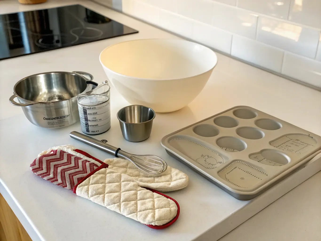tools-for-mayo-biscuits Basic baking tools like a mixing bowl, measuring cups, and spoon on a countertop.