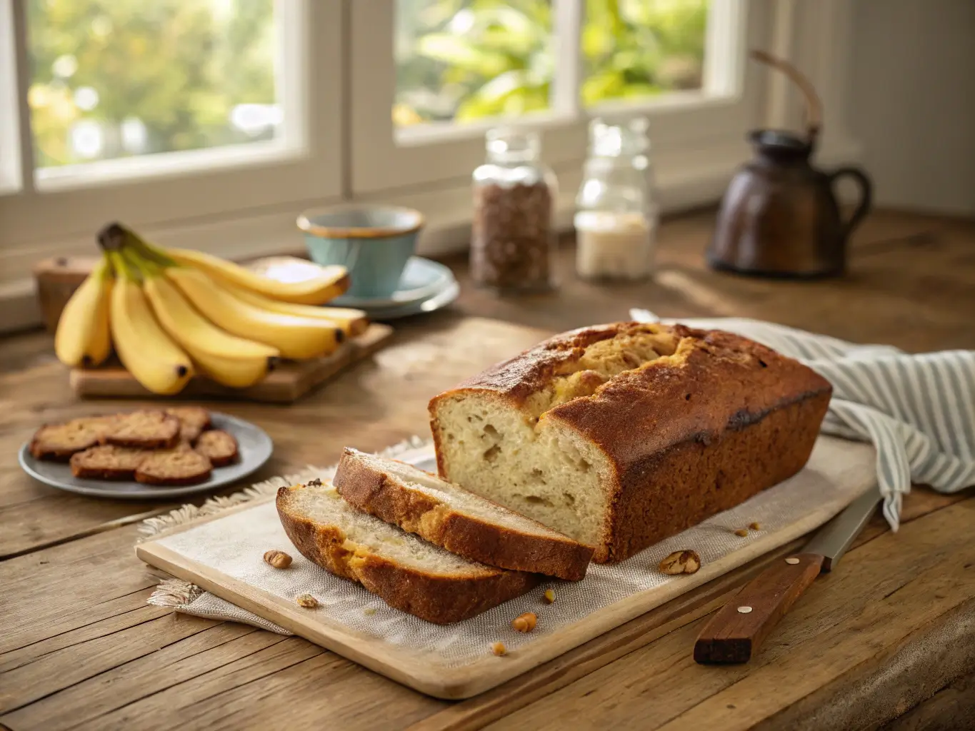Freshly baked Banana Bread Recipe with Mayo, fluffy interior, placed on a rustic wooden table