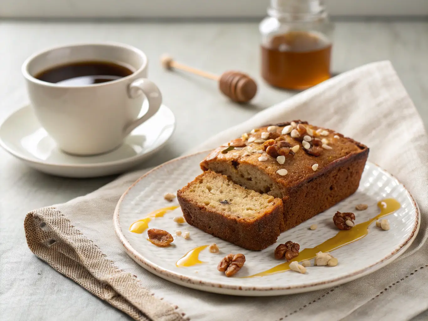 banana-bread-final-presentation Banana bread slice on a plate with honey drizzle and nuts, next to a cup of coffee.