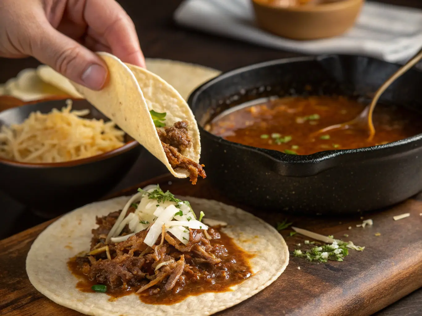 birria-tacos-crock-pot-assembly birria tacos crock pot tortilla filled and dipped