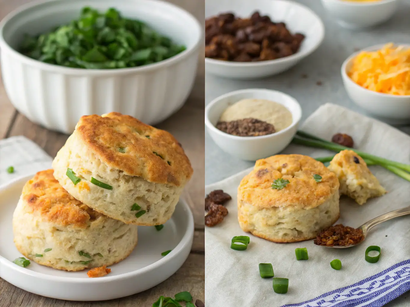 biscuit-mayo-recipe-add-ins Biscuit mix-ins like shredded cheese, herbs, dried fruit, and cinnamon displayed in bowls.