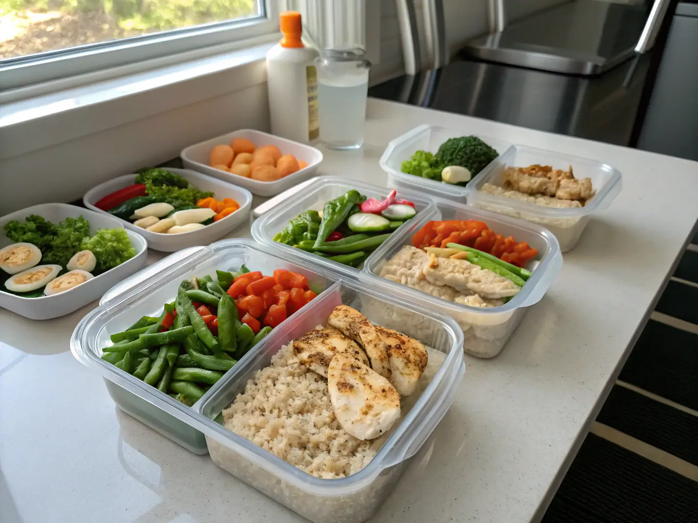 cheap preps meal containers on kitchen table