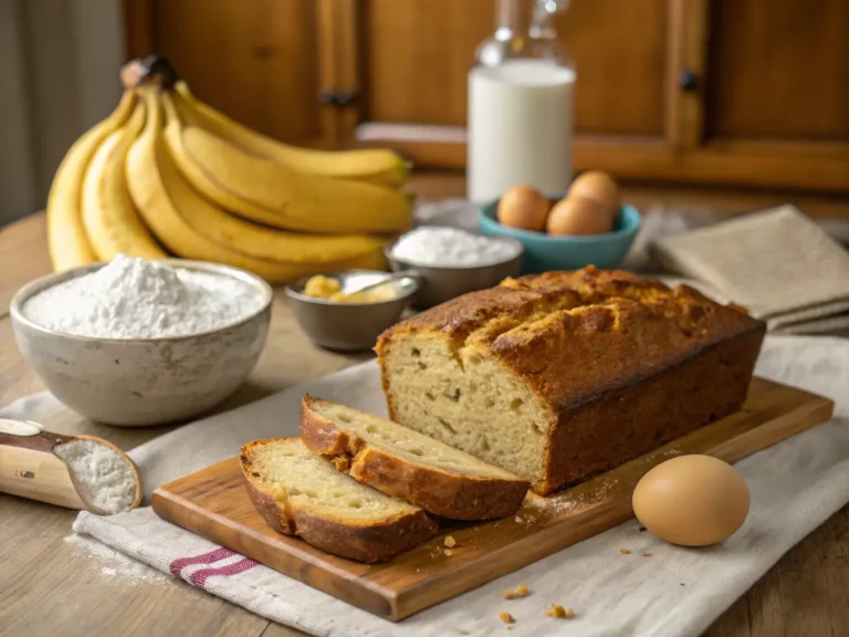 Moist few ingredient banana bread loaf sliced on a rustic kitchen table with ripe bananas and baking ingredients