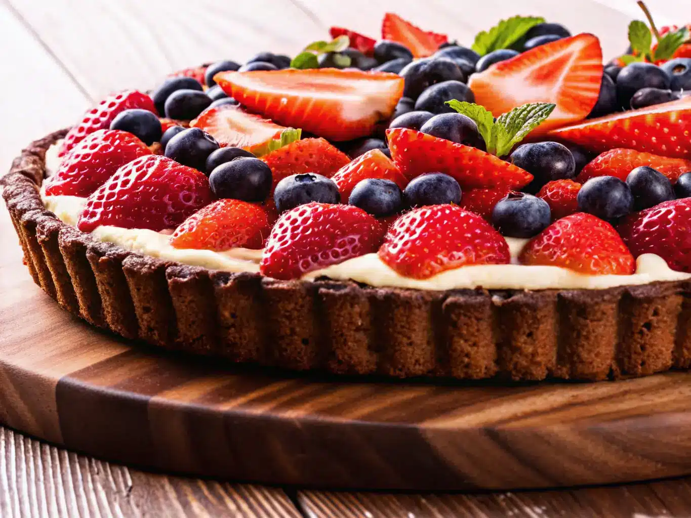 Fruity brownie dessert pizza topped with fresh fruits