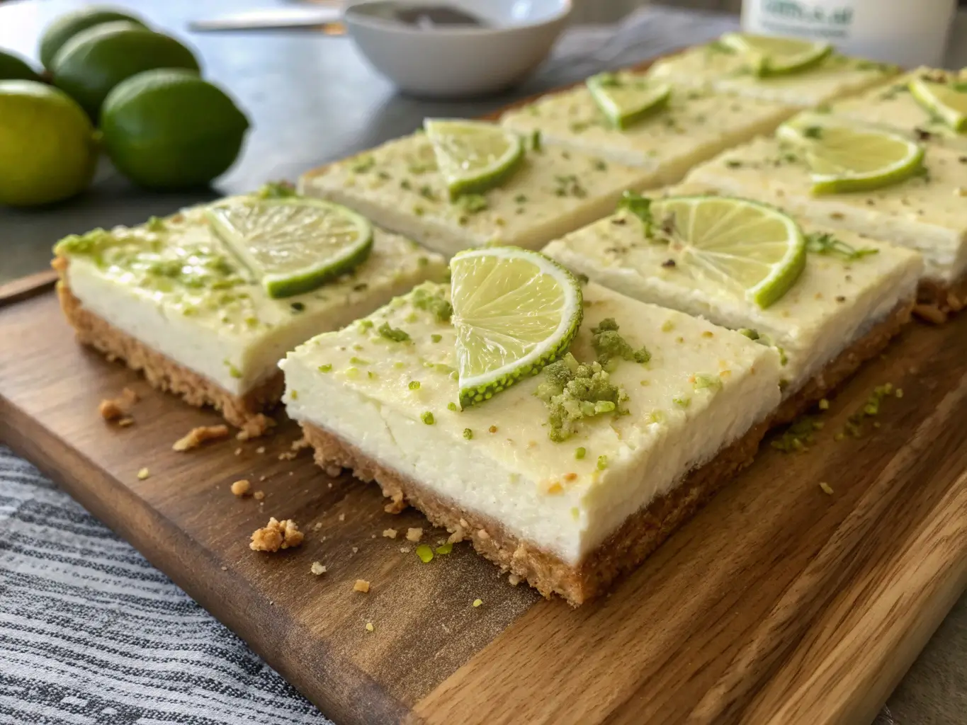 Key Lime Pie Bars sliced and garnished with lime zest