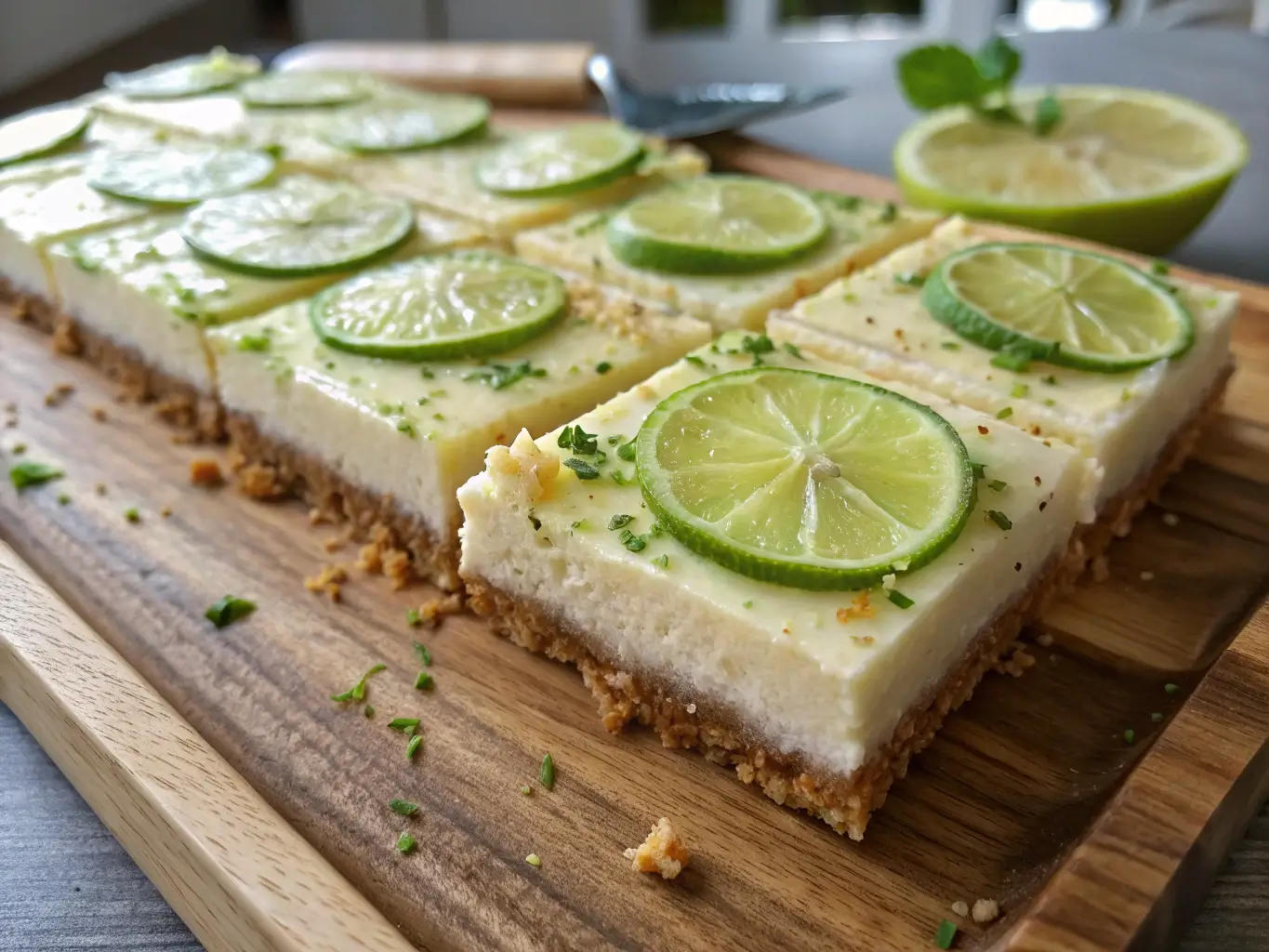 key-lime-pie-bars-final Freshly sliced key lime pie bars on a wooden tray with lime zest