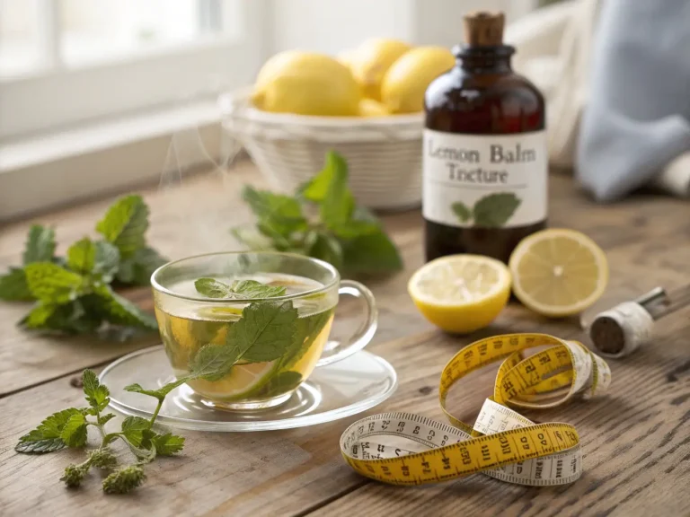 Lemon balm tea with fresh leaves, tincture, and tape measure for natural weight loss and stress relief.