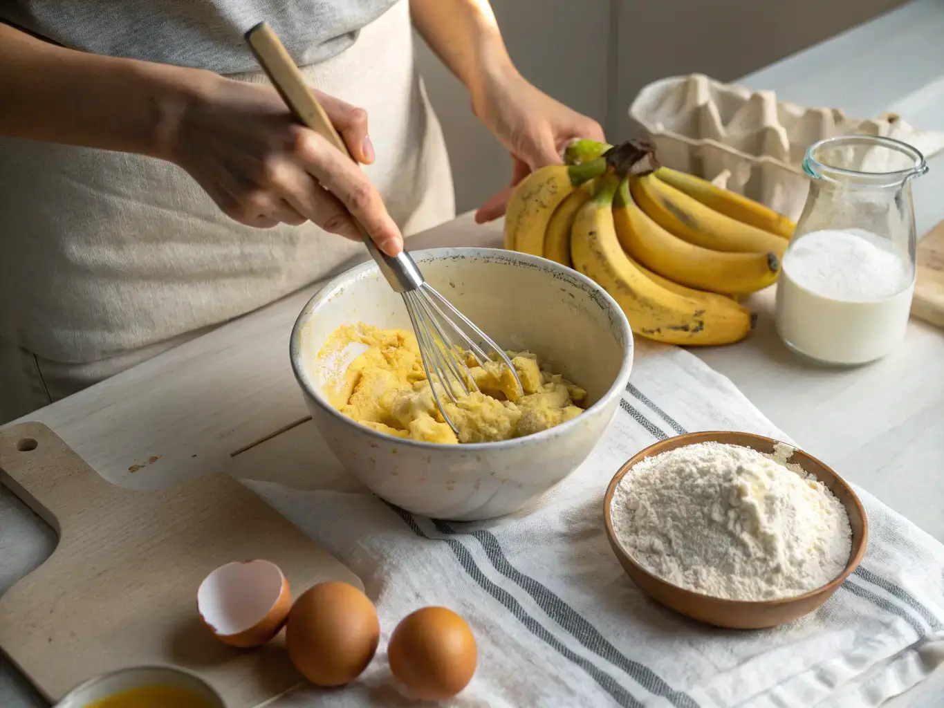 mixing-few-ingredient-banana-bread. Few ingredient banana bread batter being mixed