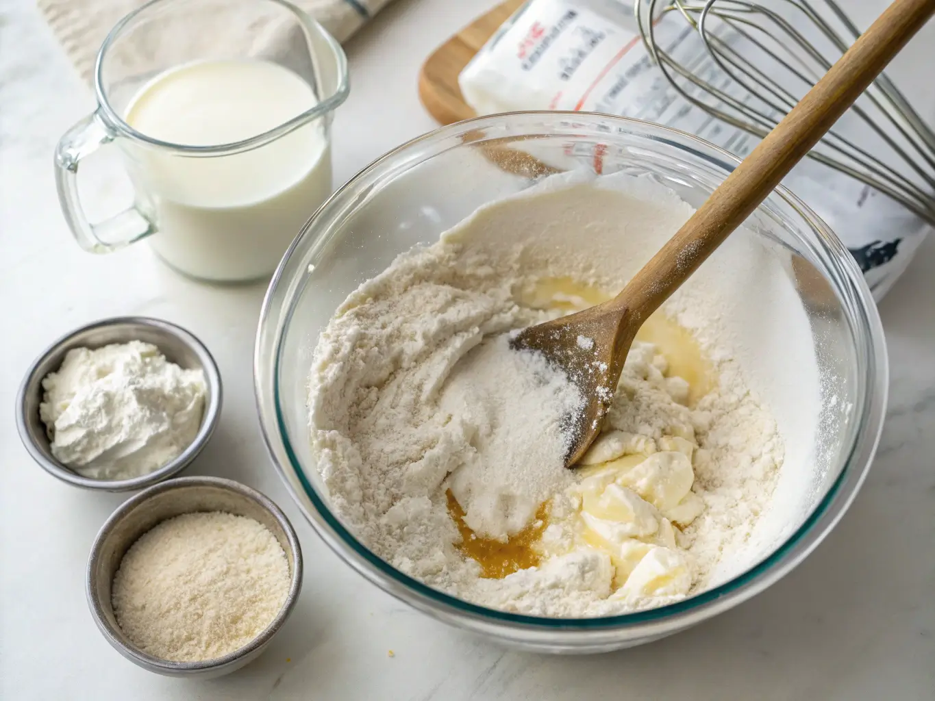 mixing-mayo-biscuit-dough Mixing self-rising flour, mayonnaise, and milk in a large bowl.