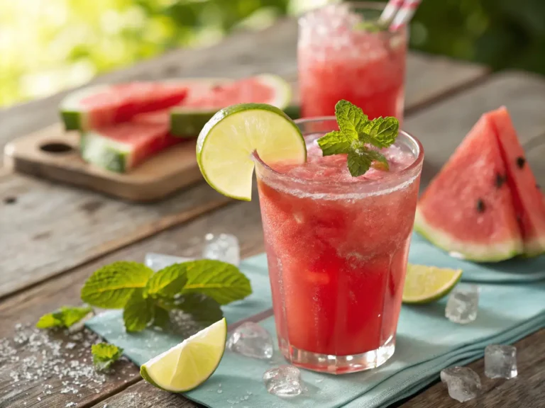 Glass of 3-Ingredient Watermelon Limeade with fresh mint and lime garnish, surrounded by watermelon slices and lime halves on a wooden table