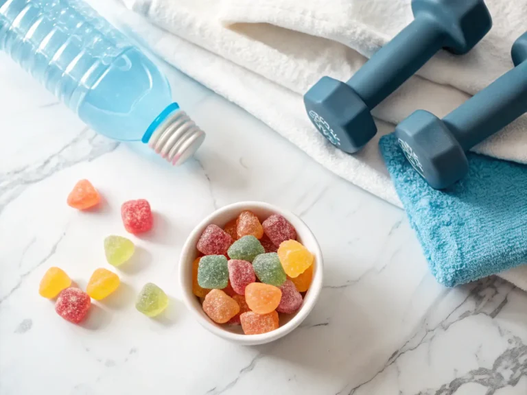Colorful creatine gummies in a bowl with fitness gear in the background, representing convenient muscle-building supplements