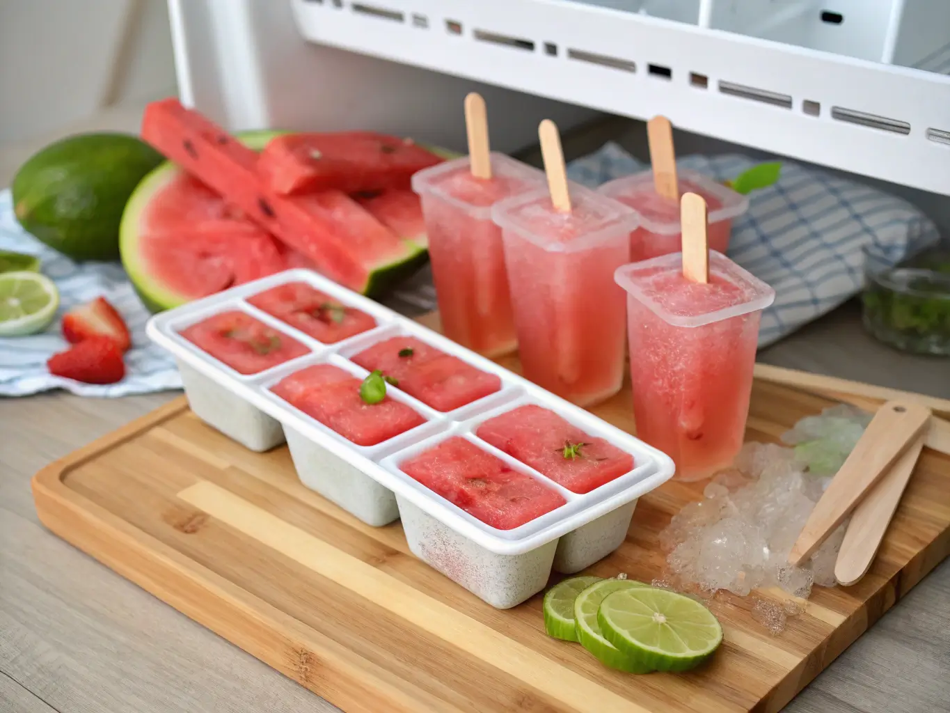 frozen-watermelon-limeade-storage. Frozen limeade in molds and trays