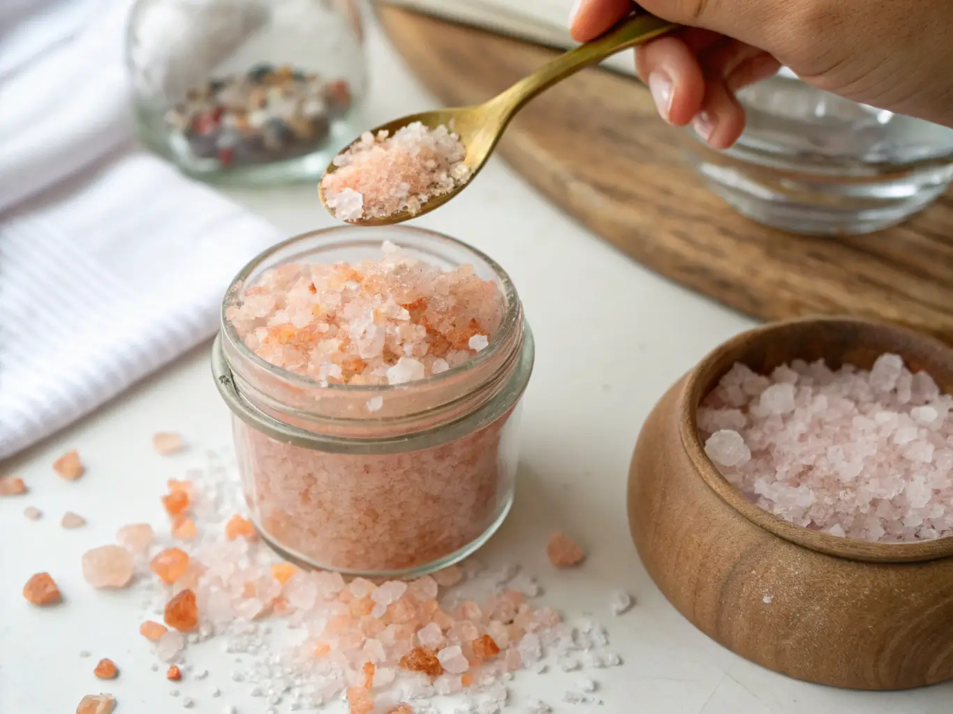 how-to-make-pink-salt-trick Preparing Himalayan pink salt sole water in a glass jar with a teaspoon