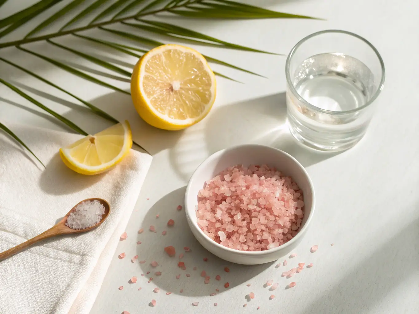 pink-salt-lemon-digestion-benefits Pink salt crystals, lemon, and a glass of water on a neutral background