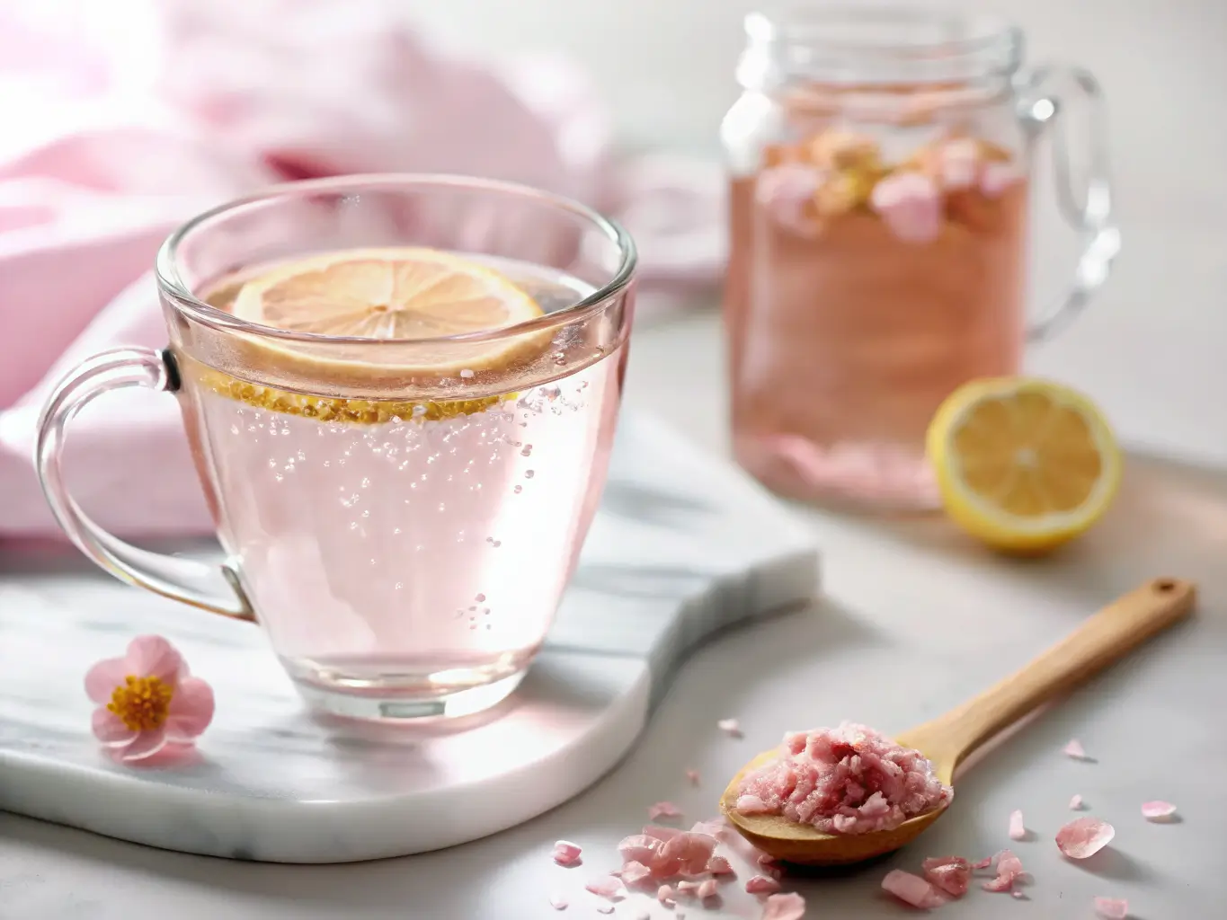 pink salt recipe water with lemon slice, Himalayan salt crystals on spoon, and infused jar in background.