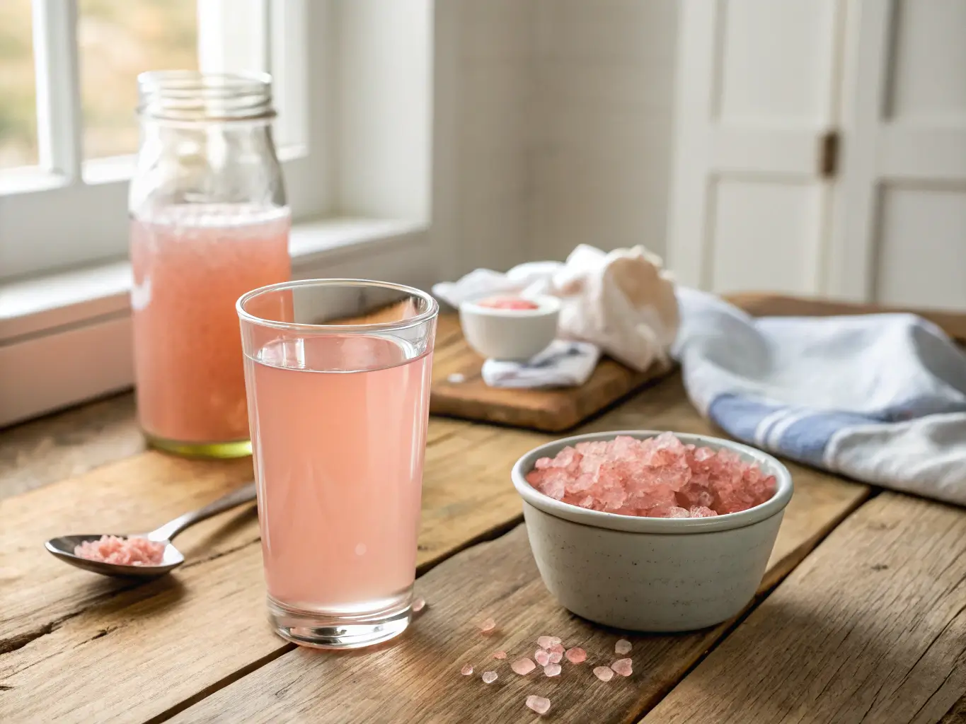 The pink salt trick for weight loss: A glass of Himalayan pink salt water with a bowl of pink salt and a teaspoon on a kitchen table in morning light.