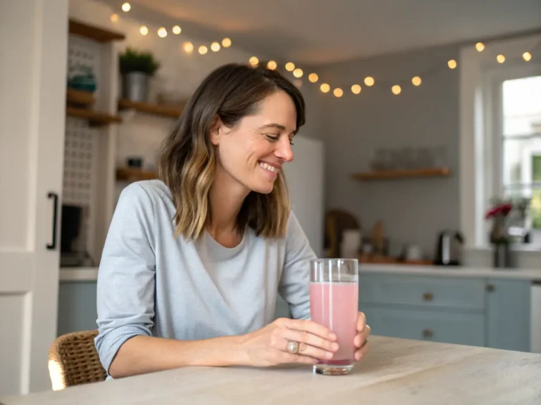 Woman drinking pink salt water in her kitchen during a morning routine
