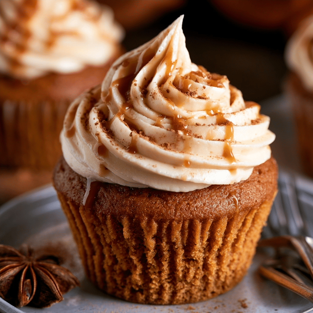 Pumpkin Cupcakes with Caramel Cream Cheese Frosting